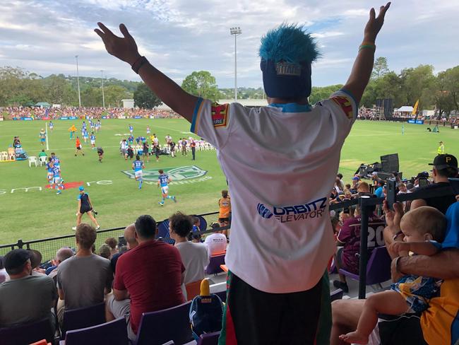 Some the fans who watched the Gold Coast Titans play the New Zealand Warriors at Oakes Oval on February 27, 2021. Photo: Alison Paterson