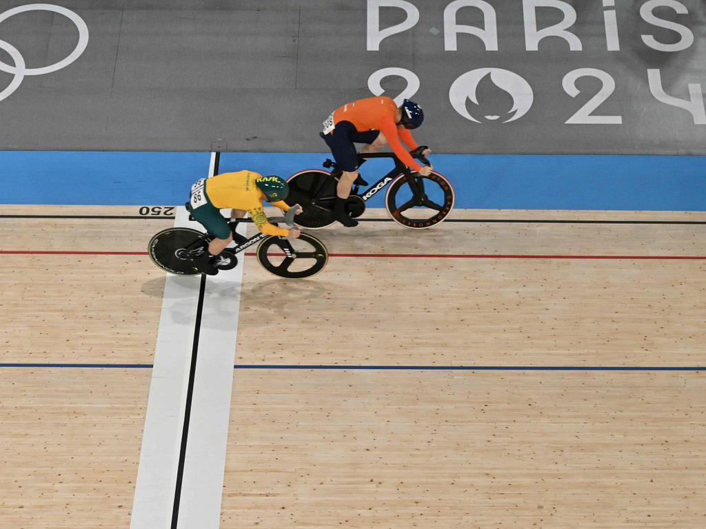 An overview shows Netherlands' Harrie Lavreysen winning ahead of Australia's Matthew Richardson in the men's track cycling keirin final. Picture: Sebastien Bozon/AFP