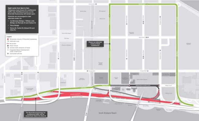 On select nights, over three weeks, starting 9pm Tuesday 27 April – the southbound lanes of the Riverside Expressway between Tank St and Alice St will be closed to motorists for nighttime works. Picture: supplied