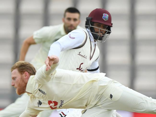 SOUTHAMPTON, ENGLAND - JULY 09: England captain Ben Stokes fields off his own bowling during day two of the 1st #RaiseTheBat Test match at The Ageas Bowl on July 09, 2020 in Southampton, England. (Photo by Stu Forster/Getty Images for ECB)