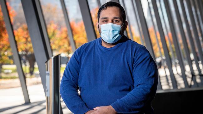 Aged care worker Nauzer Bananji was vaccinated at the Melbourne Exhibition Centre as part of the blitz. Picture: Jake Nowakowski