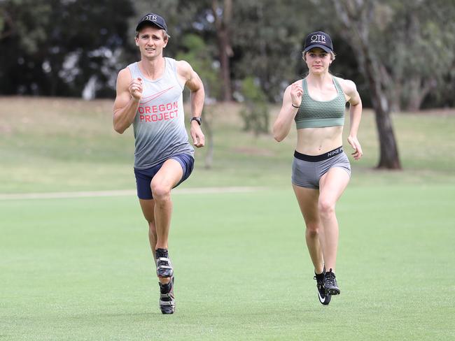 Sprinters Molly Farmer and Clay Watkins pictured at Kensington Oval  ahead of this weekend's Kensington Gift. OTR is sponsoring the event Picture: Dylan Coker