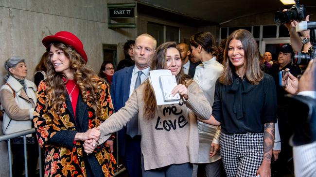 Actresses Lauren Young, Jessica Mann and Dawn Dunning walk out of the courthouse after Harvey Weinstein’s sentencing. Picture: AFP