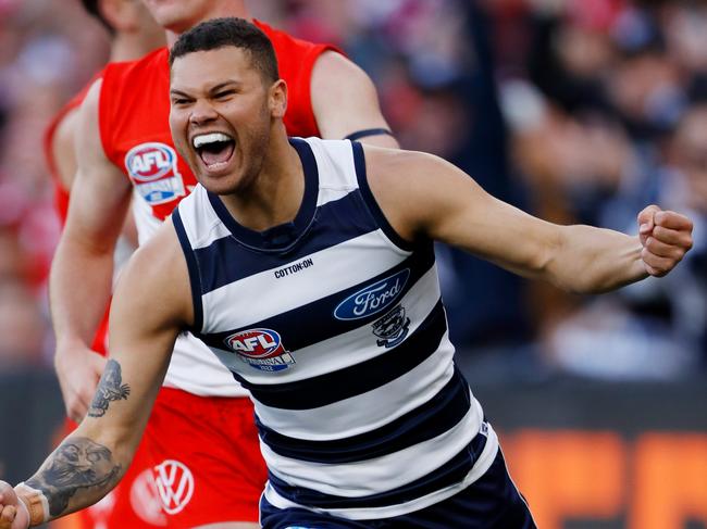 MELBOURNE, AUSTRALIA - SEPTEMBER 24: Brandan Parfitt of the Cats celebrates a goal during the 2022 Toyota AFL Grand Final match between the Geelong Cats and the Sydney Swans at the Melbourne Cricket Ground on September 24, 2022 in Melbourne, Australia. (Photo by Dylan Burns/AFL Photos via Getty Images)