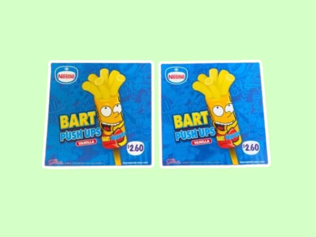 Bart Push-Ups – These Simpsons-themed frozen treats pushed their way into the ‘90s, only to vanish into nostalgia. The orange-flavoured ice blocks featured Bart Simpson on the packaging and were a school canteen favourite. Picture: Reddit