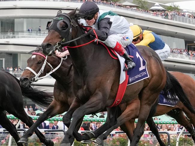 Mr Brightside (NZ) ridden by Craig Williams wins the VRC Champions Mile at Flemington Racecourse on November 09, 2024 in Flemington, Australia. (Photo by George Sal/Racing Photos via Getty Images)