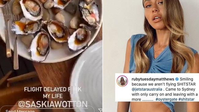 Screenshots from Ruby Tuesday Matthews’ Instagram relating to the oyster outrage. Picture: @rubytuesdaymatthews via Instagram