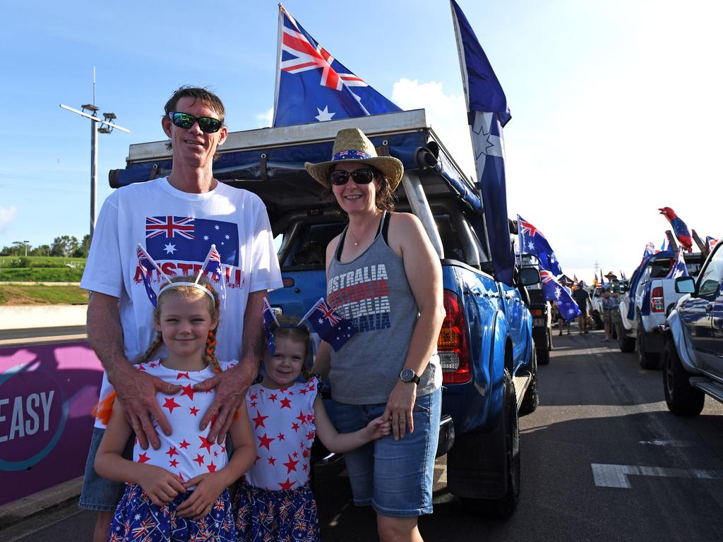 Dean, Grace, 6, Isabel, 4 and Amanda Holt at Hidden Valley for the annual Australia Day Ute run. Picture: Che Chorley