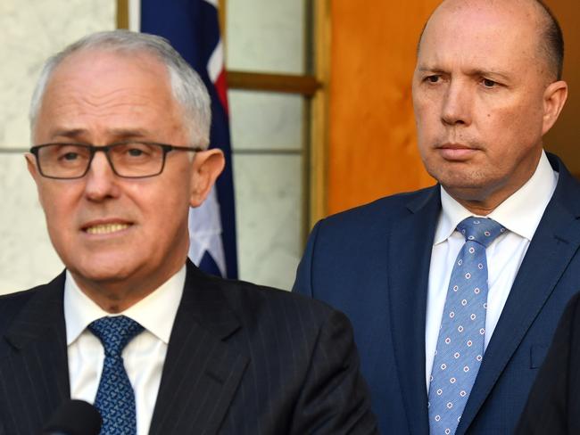 Prime Minister Malcolm Turnbull, Minister for Immigration Peter Dutton and Attorney-General George Brandis announce a new home affairs department at a press conference at Parliament House in Canberra, Tuesday, July 18, 2017. (AAP Image/Mick Tsikas) NO ARCHIVING