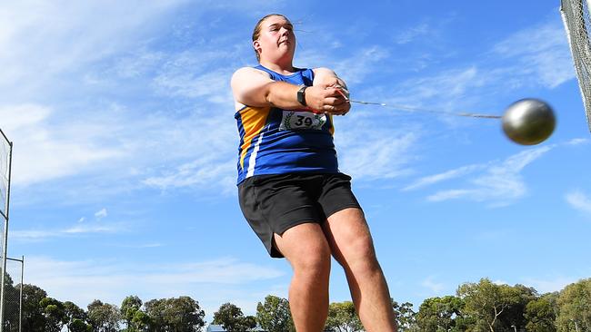 Jett Carlin in action during his hammer throw training at Northern Districts Athletics Club. Picture Mark Brake