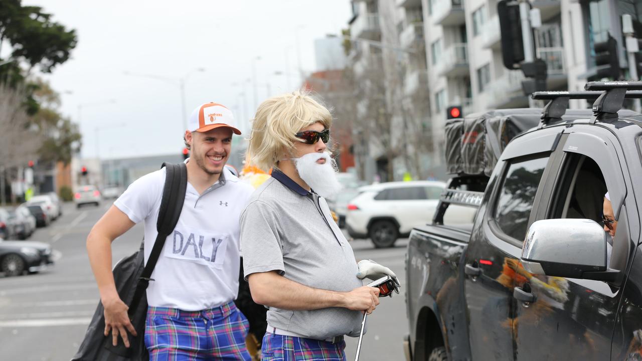 Jake Kolodjashnij and Brad Close. Geelong Cats Mad Monday at the Wharf Shed in Geelong. Picture: Alan Barber