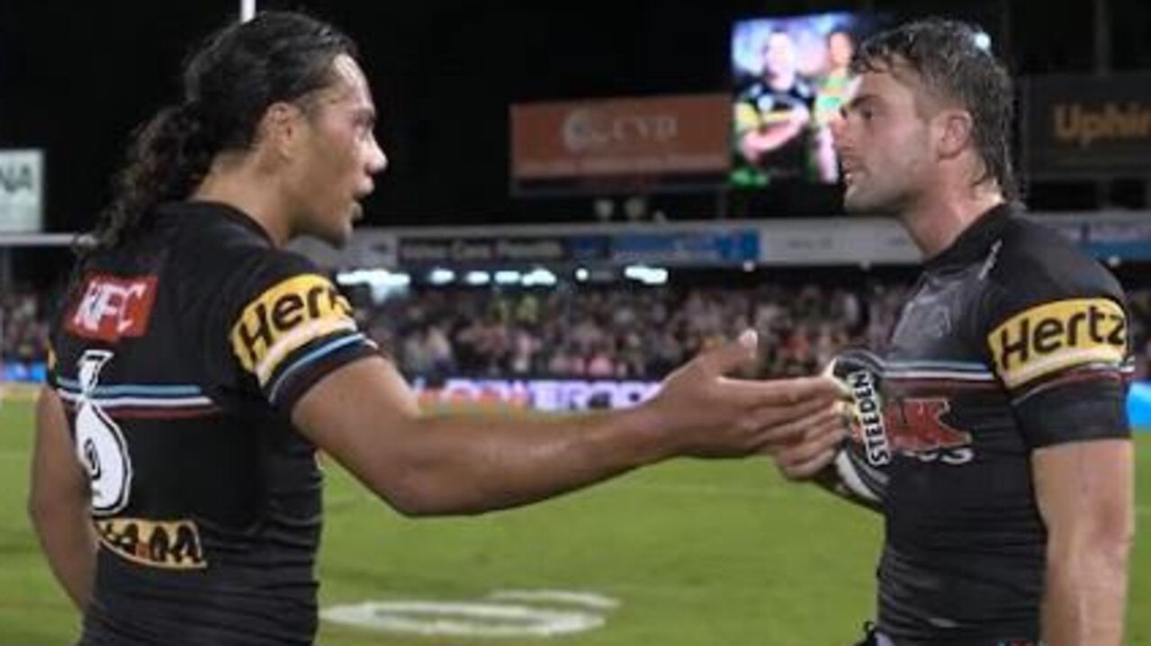 Jarome Luai and Jaeman Salmon have words after the Panthers’ loss to Brisbane. Picture: Channel 9