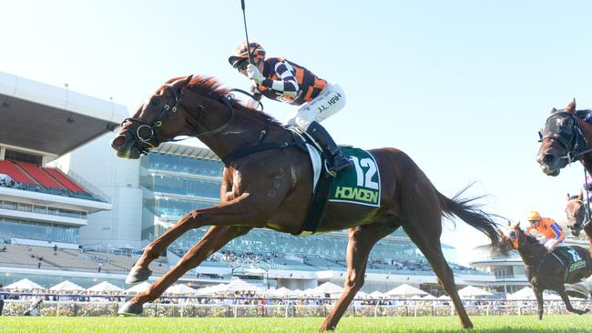 Southport Tycoon ridden by Jamie Kah wins the Howden Australian Guineas at Flemington Racecourse on March 02, 2024 in Flemington, Australia. (Photo by Brett Holburt/Racing Photos via Getty Images)