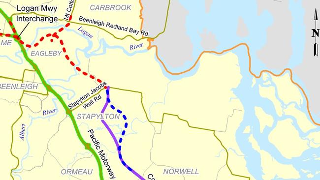 A Transport department map showing a proposed (red broken line) route through Eagleby. 