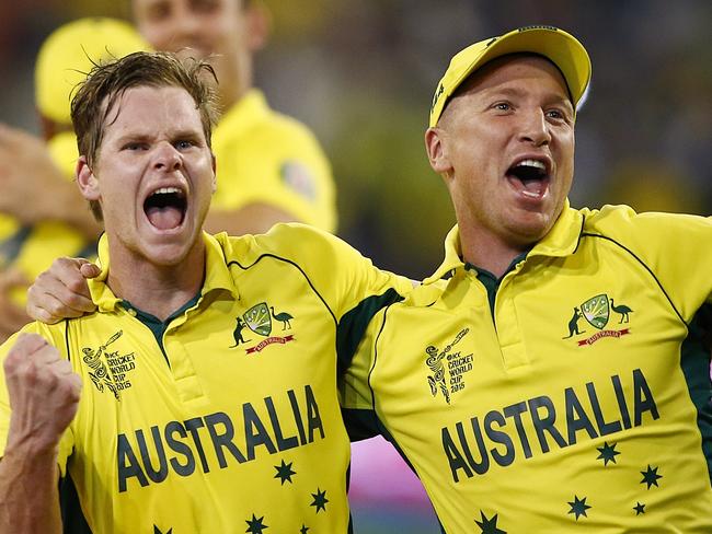 Steve Smith (L) and Brad Haddin celebrate the World Cup final win. Picture: Wayne Ludbey