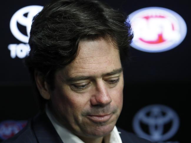 MELBOURNE, AUSTRALIA - MARCH 22: AFL CEO Gillon McLachlan speaks to the media during an AFL press conference at AFL House on March 22, 2020 in Melbourne, Australia. (Photo by Darrian Traynor/Getty Images)