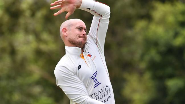 Sunny Coast bowler Mitchell Cook Cricket action between Norths V Sunny Coast Saturday December 17, 2022. Picture: John Gass