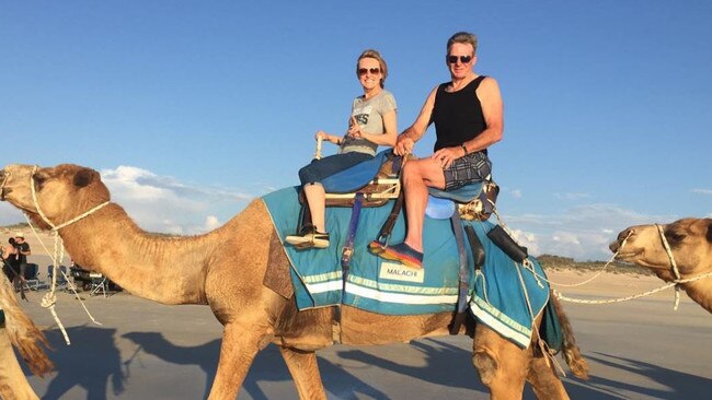 Amanda Brown and Sam Newman pictured on camels. Picture: Instagram