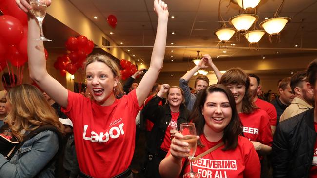 Labor supporters celebrate Daniel Andrews’ election victory at The Village Green in Mulgrave, Victoria. Labour supporters celebrate. Picture: Alex Coppel.