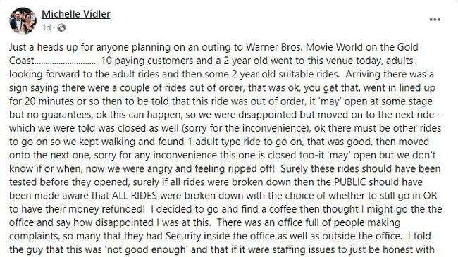 A Movie World customer posted this complaint about the theme park to Facebook.