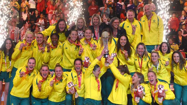 Stacey West (back row left) in her former role as executive director of high performance, with the Diamonds after their World Cup win in Cape Town last year. Photo: AFP