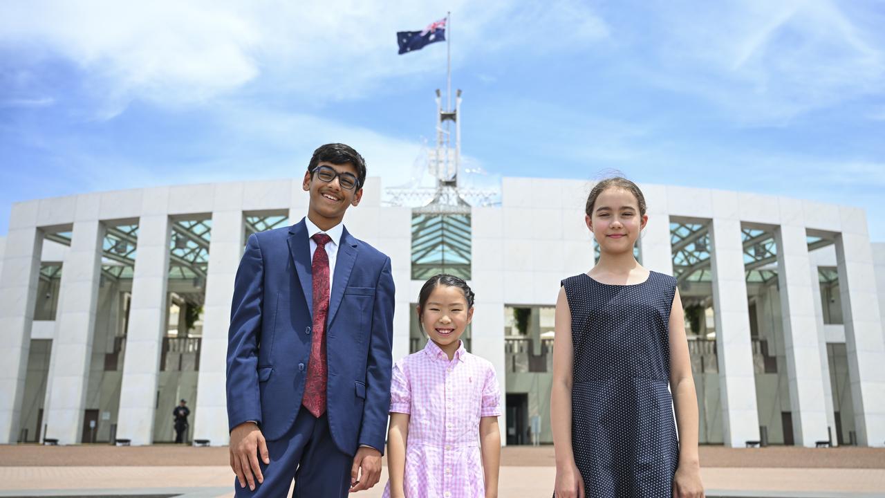 National Champions of the 2024 Prime Ministers Spelling Bee Aditya Paul (Left), Echo Feng (Centre) and Jillian Strong (Right) got to meet the Prime Minister in Canberra. Picture: NewsWire / Martin Ollman