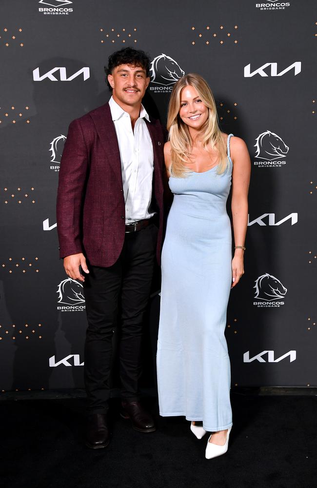 Kotoni Staggs and Brittany Becht. Brisbane Broncos 2025 Season Launch at Grand Ballroom, The Star. Thursday February 13, 2025. Picture, John Gass