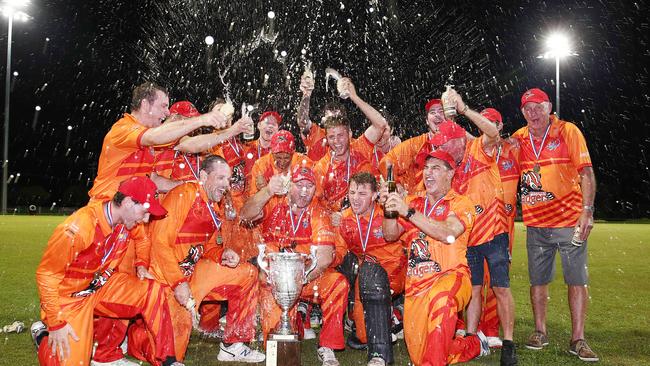 The Piccone Badgers celebrate after winning the Barrier Reef Big Bash grand final match against the Twomey Schrieber Thunder at Griffiths Park, Manunda. Picture: Brendan Radke