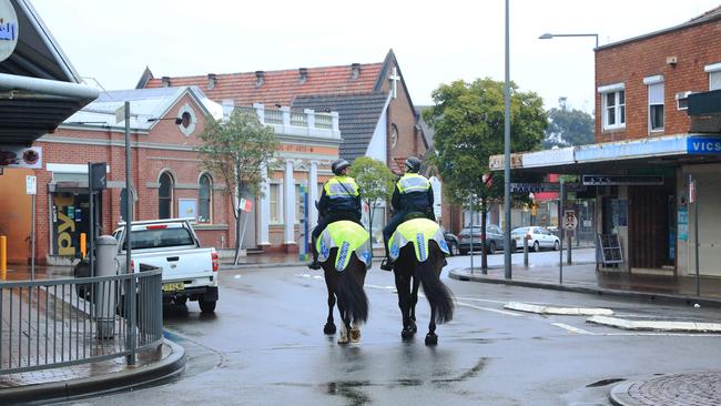 Police on horseback patrol the streets of teh Sydney suburb of Fairfield on Friday. Picture: John Feder/The Australian.