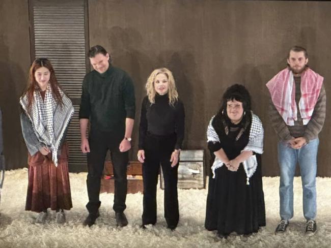 25-11-2023 -  Harry Greenwood (R) along with co-stars Megan  Wilding (2nd R) and Mabel Li  (L) wore keffiyeh scarves during the encore at the opening  night of the STC production of The Seagull at Sydney’s Roslyn Packer Theatre.  Picture: Instagram