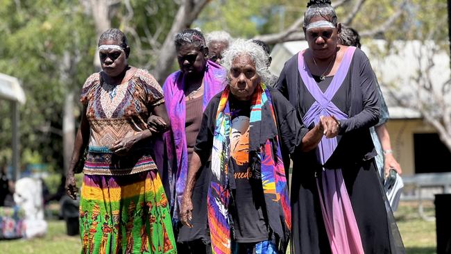 Many family members gathered to honour the pioneering Indigenous and religious leader Rev Dr D Gondarra OAM in Darwin on 29 August 2024. Picture: Fia Walsh.