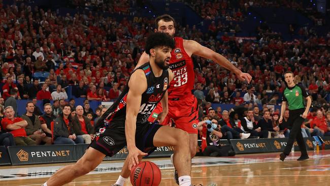 Sam McDaniel drives during game one of the NBL Grand Final Series between the Perth Wildcats and Melbourne United at RAC Arena. (Photo by Paul Kane/Getty Images)