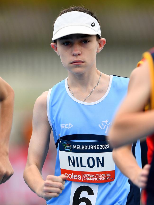 Christopher Nilon (NSW) competes in the Boys U14 1500m Walk.