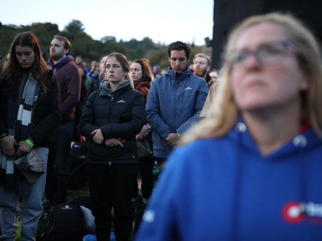 Patriotic Aussies were visibily moved at the  Anzac Cove Dawn Service. Picture: AP 