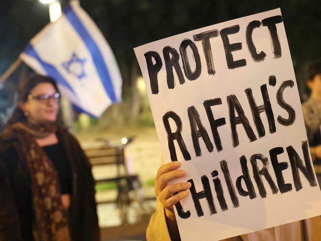 Demonstrators gather with signs during a protest by Israeli left-wing activists against the war in the Gaza Strip and the planned ground operation in Rafah. Picture: AFP