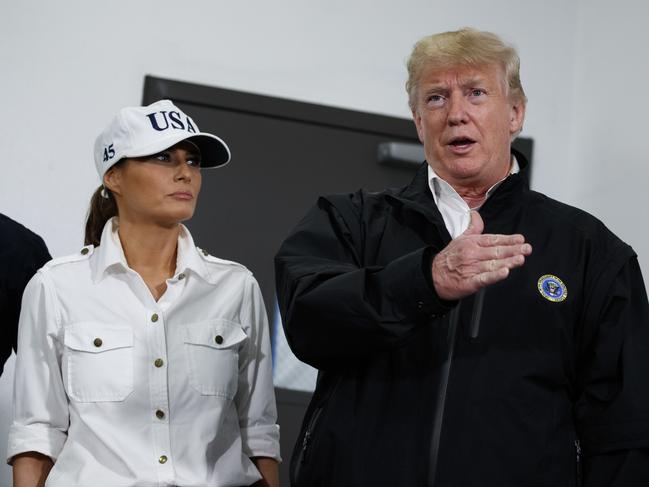 First lady Melania Trump looks on as President Donald Trump speaks during a briefing with state and local officials on the response to Hurricane Michael, Monday, Oct. 15, 2018, Macon, Ga. (AP Photo/Evan Vucci)