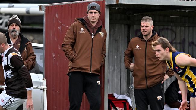 EDFL: Ex-AFL star Jake Carlisle watches on with Craigieburn coach Justin Sherman. Picture: Andy Brownbill