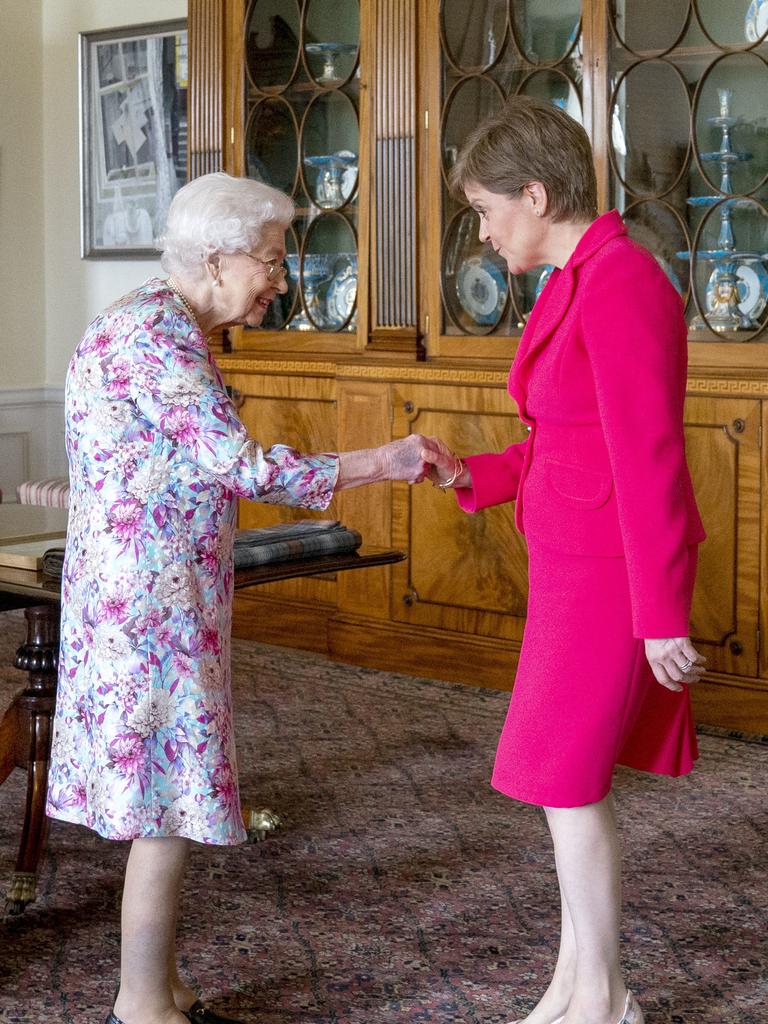 Britain's Queen Elizabeth II greets Scotland's First Minister Nicola Sturgeon during an audience at the Palace of Holyroodhouse in Edinburgh. Picture: AFP