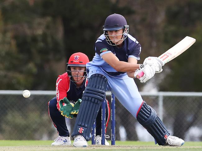 Cricket. CTPL T20. Keegan Oates Lindisfarne batting with Jake Doran North Hobart keeping. Lindisfarne V North Hobart. Picture: NIKKI DAVIS-JONES