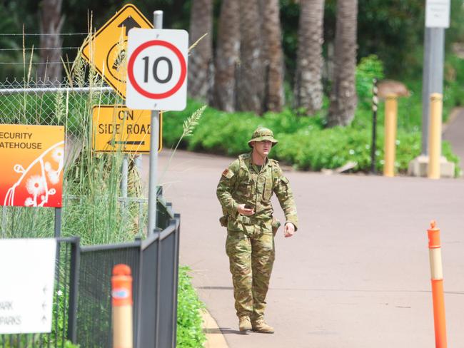 Security has been beefed up at the former Inpex Workers Village at Howard Springs in Darwin. Picture: Glenn Campbell