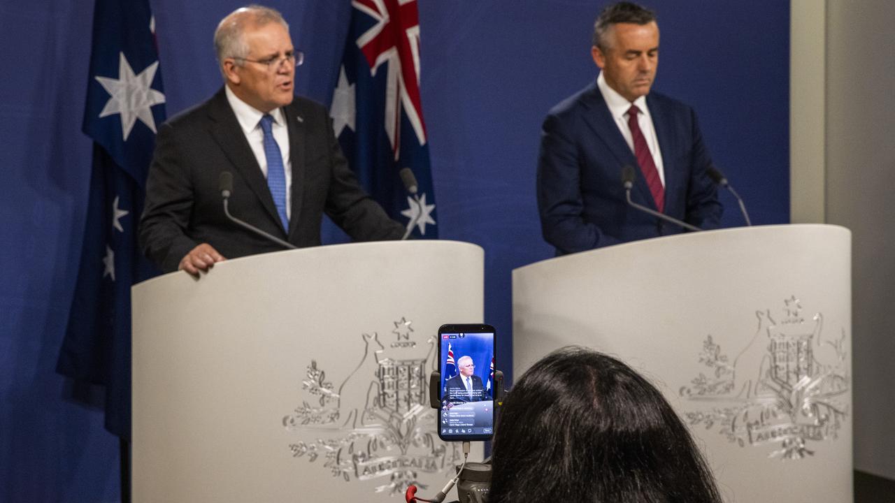 Scott Morrison and Darren Chester announcing a royal commission into veteran suicides. Picture: Jenny Evans/Getty Images