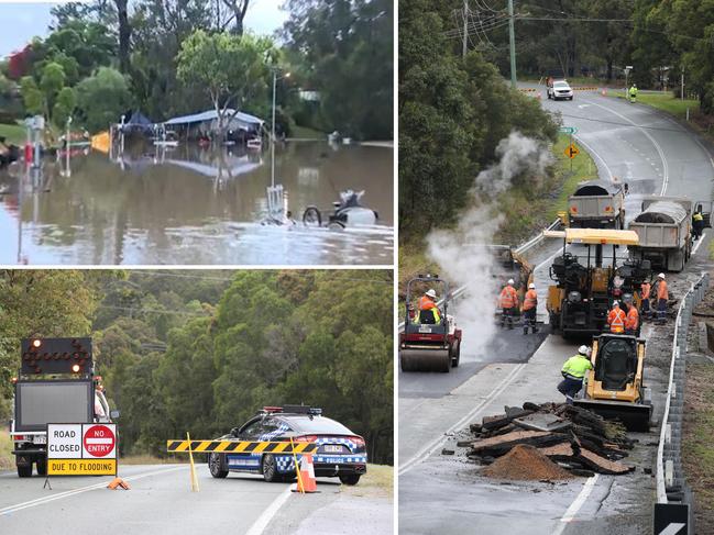 Wet weather on the Gold Coast. Workmen remove debris next to an Oxenford Weir. Picture Glenn Hampson