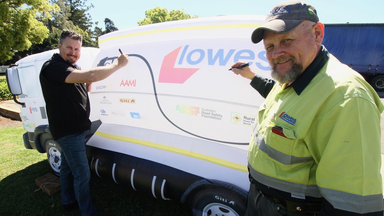 ROAD SAFE: Standing with a three-metre inflatable B-Double on Anzac Avenue are (from left) Lowes Toowoomba depot manager Stefan Dawidowicz and truck driver Nat Barton.