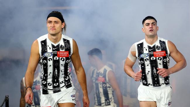 Darcy Moore and Brayden Maynard of the Magpies. (Photo by Quinn Rooney/Getty Images)