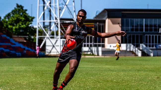 Stanley Tipiloura has been a strong performer for the Tiwi Bombers in the 2022-23 NTFL season. Picture: Patch Clapp / AFLNT Media