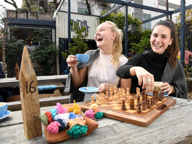 Friends Brooke Newton and Mikaela Anderson at Peter Rabbit cafe, on the corner of Hindley and Liverpool streets. Picture: Tricia Watkinson.