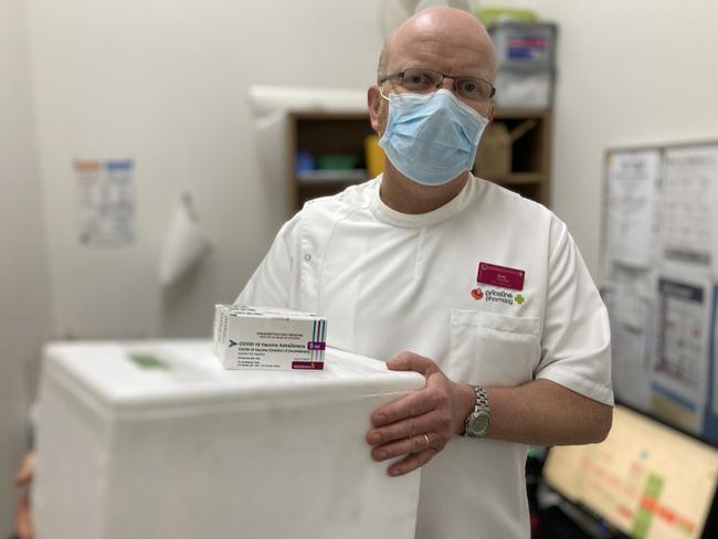 Priceline pharmacy Dubbo owner and pharmacist in charge Greg Shearing with his first supply of AstraZeneca Covid-19 vaccines. Picture: Ryan Young