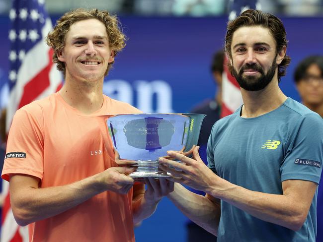 Max Purcell and Jordan Thompson celebrate their US Open doubles win in Flushing Meadows this year. Picture: Al Bello/Getty Images.