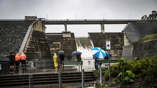 Hinze Dam overflowing. Picture: NIGEL HALLETT