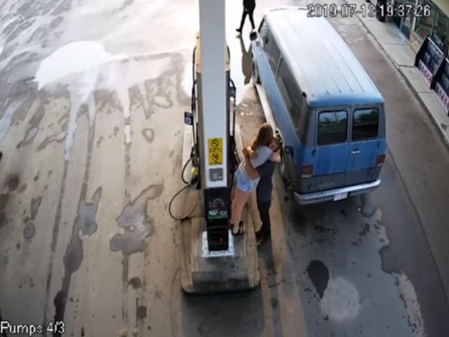 CCTV of Lucas Fowler and partner Chynna Dees at a petrol station in Fort Nelson on July 13.